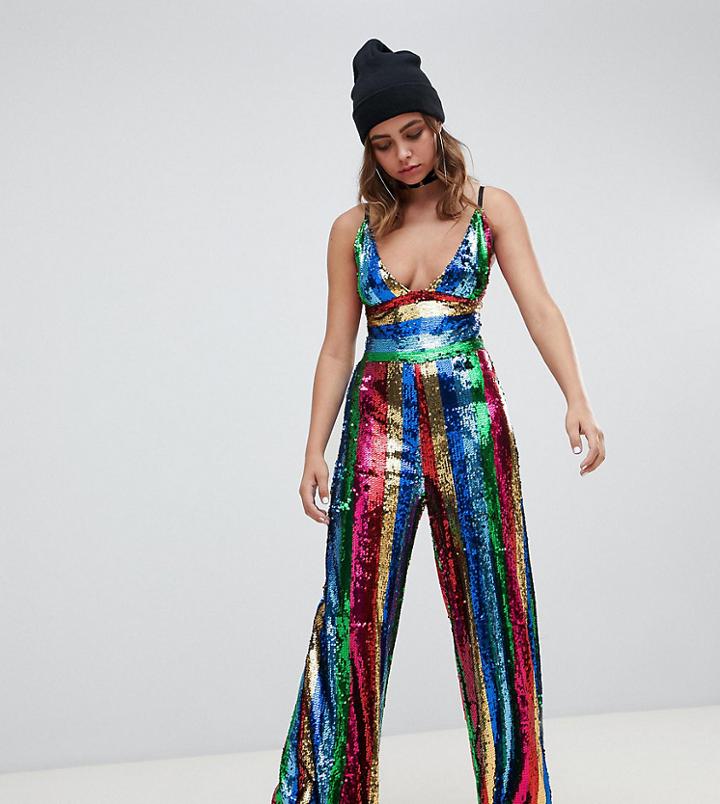One Above Another Wide Leg Plunge Jumpsuit In Rainbow Stripe Sequin - Multi