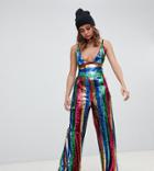 One Above Another Wide Leg Plunge Jumpsuit In Rainbow Stripe Sequin - Multi