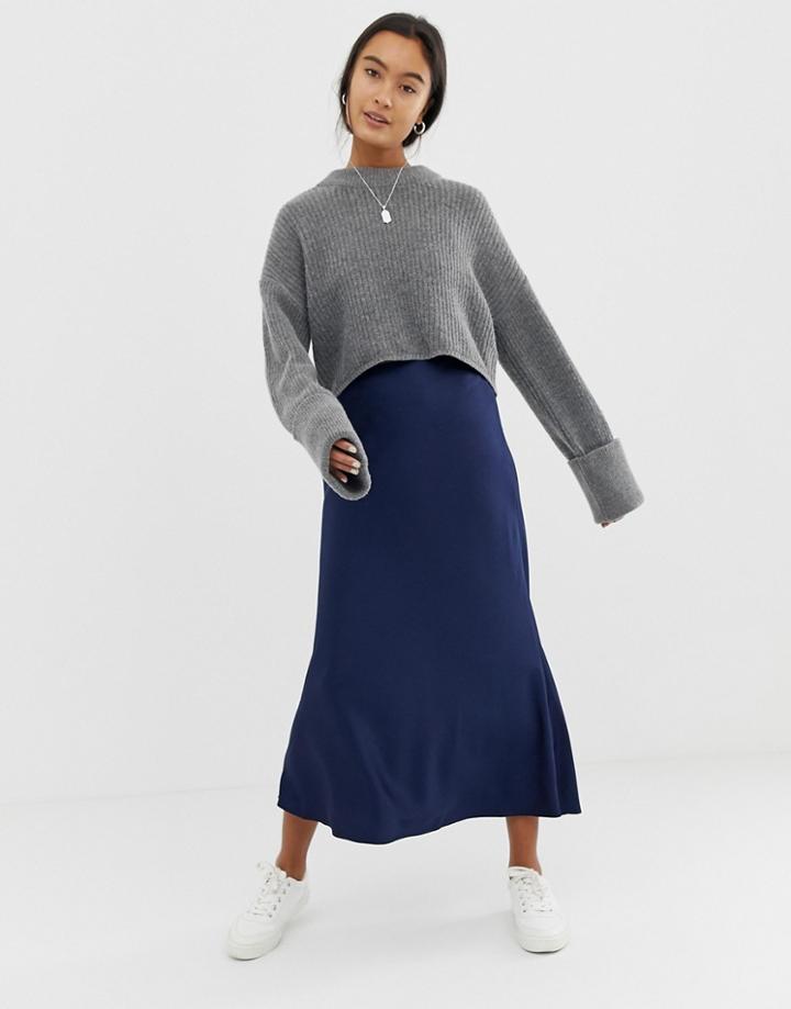 Asos Design Bias Cut Satin Midi Skirt-navy