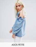 Asos Petite Denim Cold Shoulder Top With Ruffle In Mid Wash Blue - Blue