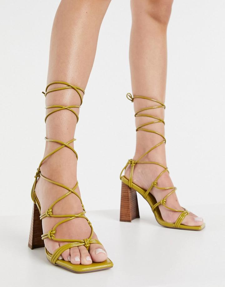 Asos Design Nilo Knotted Tie Leg Heeled Sandals In Olive-green