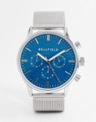 Bellfield Stainless Steel Mesh Bracelet Watch In Silver With Blue Face