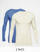 Asos Extreme Muscle Long Sleeve T-shirt With Crew Neck In Blue & Beige 2 Pack Save 19%