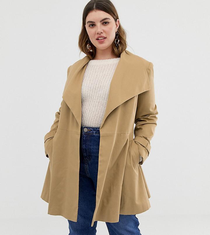 Asos Design Curve Skater Coat With Tie Belt - Stone