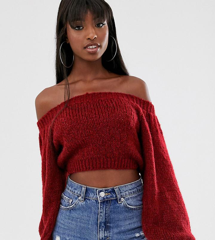 Asos Design Tall Crop Off Shoulder Sweater In Lofty Yarn-red