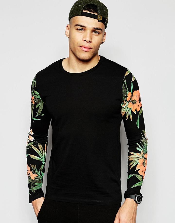 Asos Long Sleeve T-shirts With Floral Print Sleeves - Black