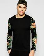 Asos Long Sleeve T-shirts With Floral Print Sleeves - Black