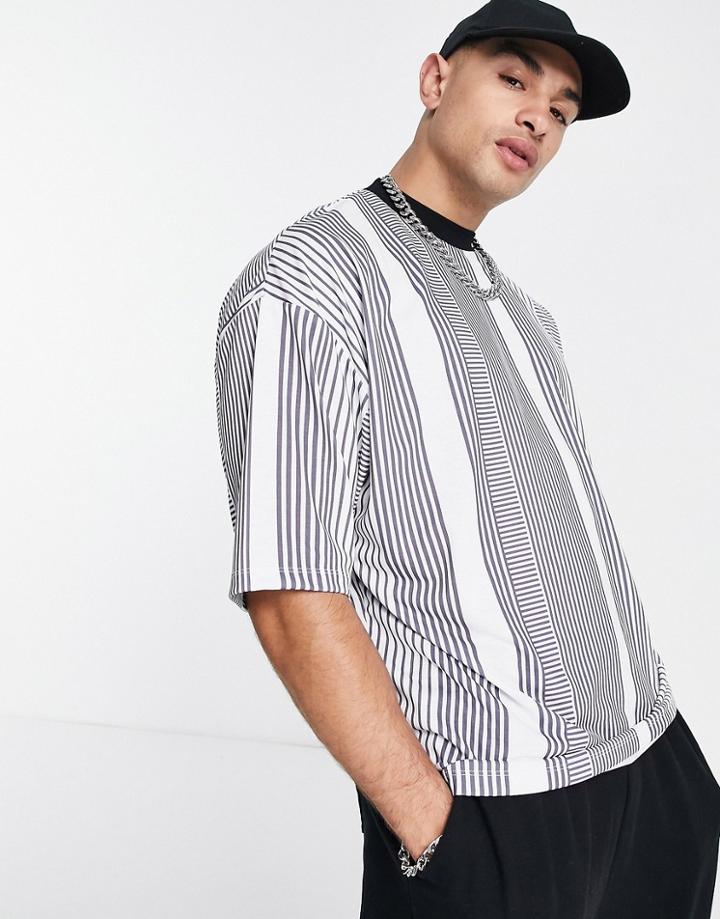 Asos Design Oversized Vertical Stripe T-shirt In Gray & White