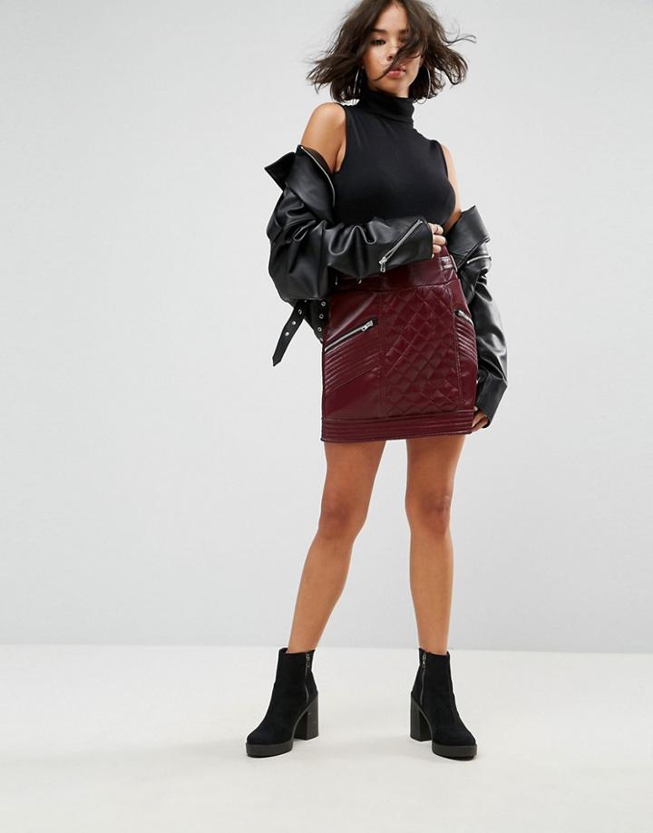 Asos Design Leather Look Puffer Mini Skirt With Quilting Detail-red