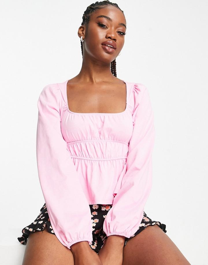 Asos Design Shirred Waist Long Sleeve Top In Pink