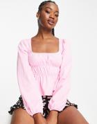 Asos Design Shirred Waist Long Sleeve Top In Pink