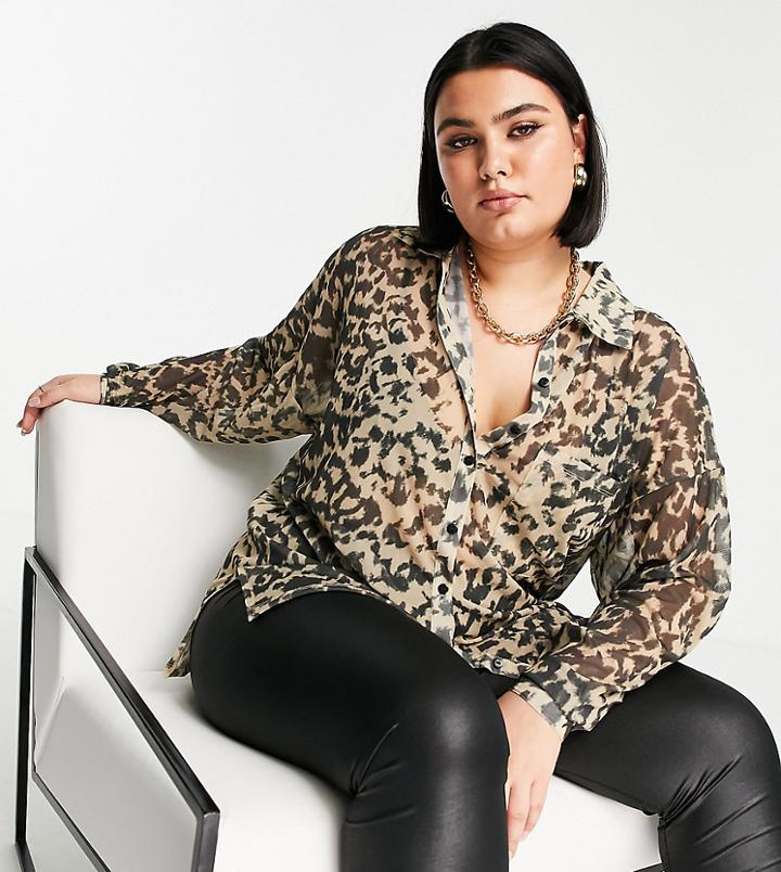 Asos Design Curve Recycled Blend Oversized Mesh Button Shirt In Animal Print-brown