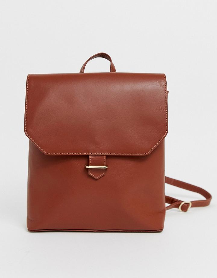Asos Design Leather Backpack With Slot Through Detail - Tan