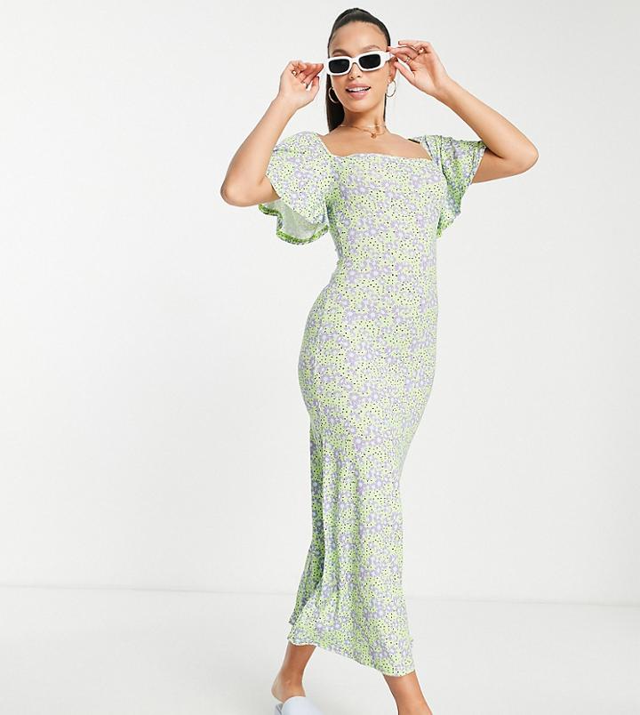 Asos Design Tall Flutter Sleeve Midi Tea Dress In Green Floral And Spot Print-multi