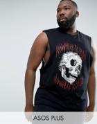 Asos Plus Sleeveless T-shirt With Dropped Armhole & Skull Print - Black