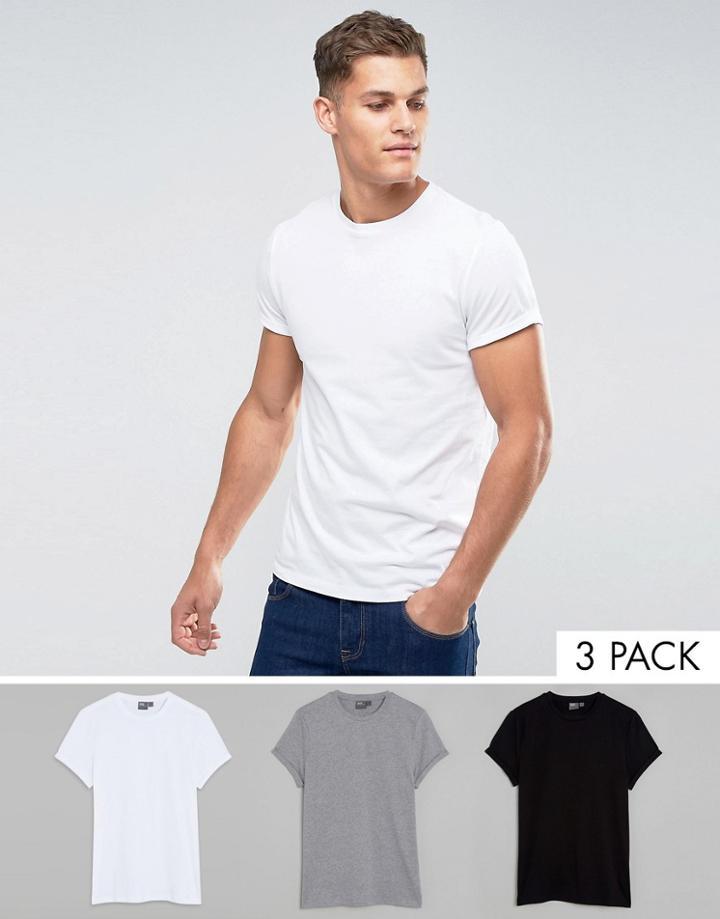 Asos 3 Pack T-shirt With Crew Neck And Roll Sleeve Save - Multi