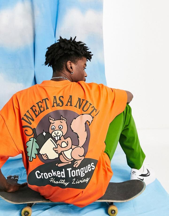 Crooked Tongues Oversized T-shirt With Sweet As A Nut Print In Orange
