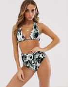 Asos Design Cross Back Halter Triangle Bikini Top With Ring Detail In Oversized Palm Print-multi