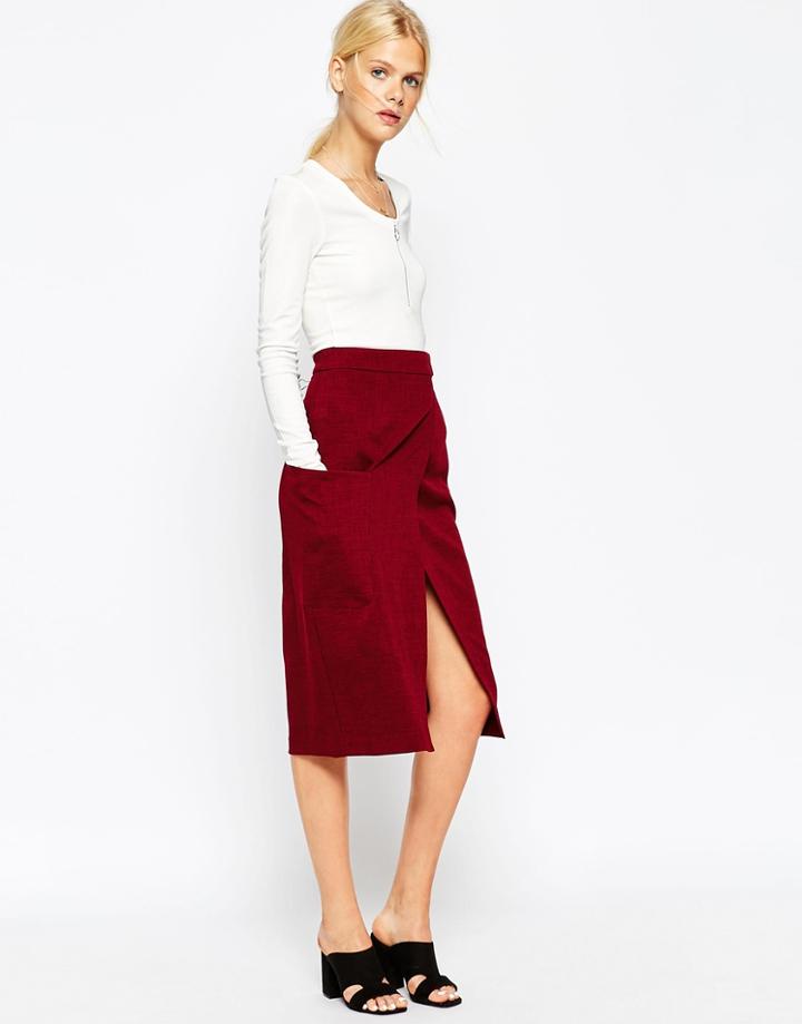 Asos Premium A-line Wrap Skirt With Pocket Detail Co-ord - Wine
