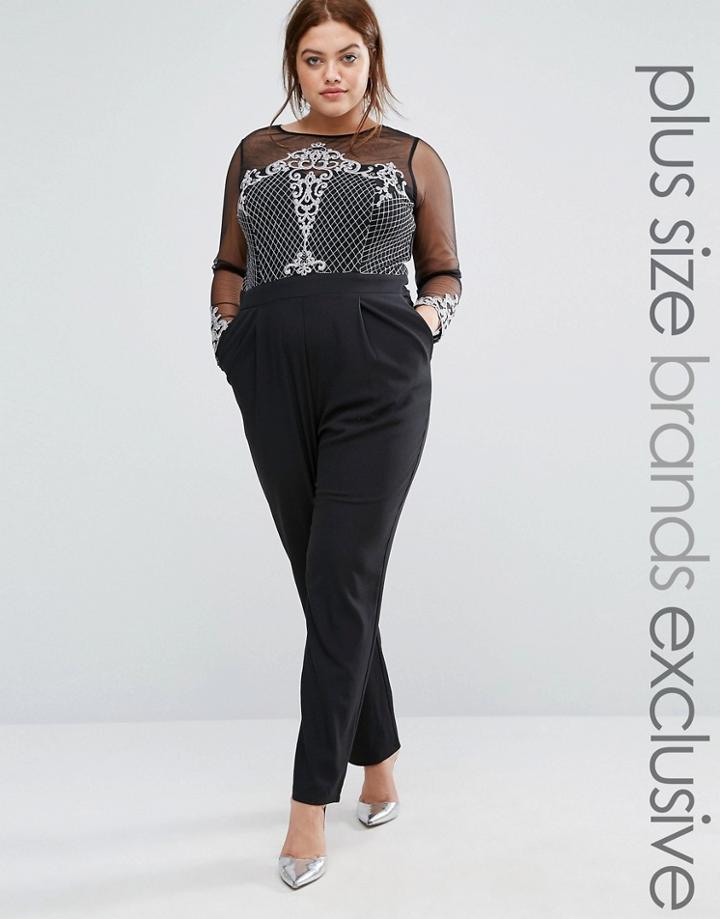 Little Mistress Plus Sequin Embroidered Jumpsuit With Mesh Sleeves - B