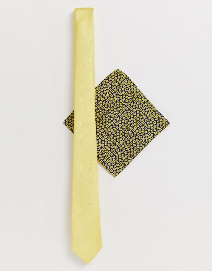 Asos Design Wedding Slim Tie In Yellow & Navy Floral Pocket Square - Yellow