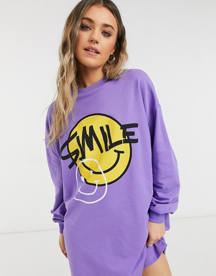 Asos Design Mini Sweatshirt Dress In Bright Purple With Face Graphic