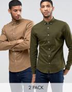 Asos 2 Pack Skinny Twill Shirt In Camel And Khaki - Multi