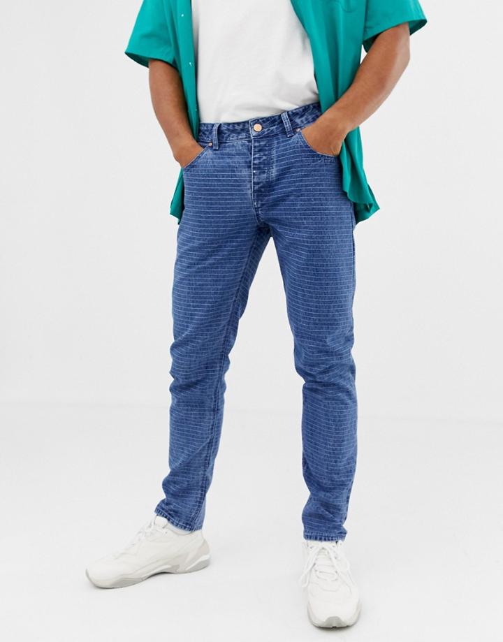 Asos Design Slim Jeans In Mid Wash Blue With Horizontal Pin Stripe - Blue