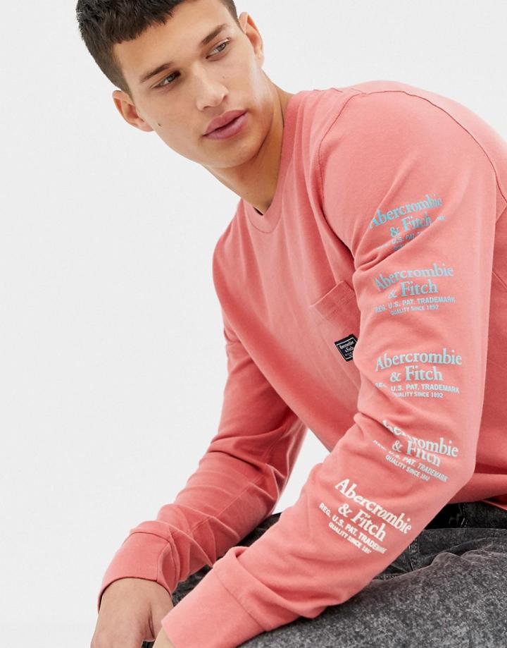 Abercrombie & Fitch Pocket Logo Sleeve Print Long Sleeve Top In Coral - Red