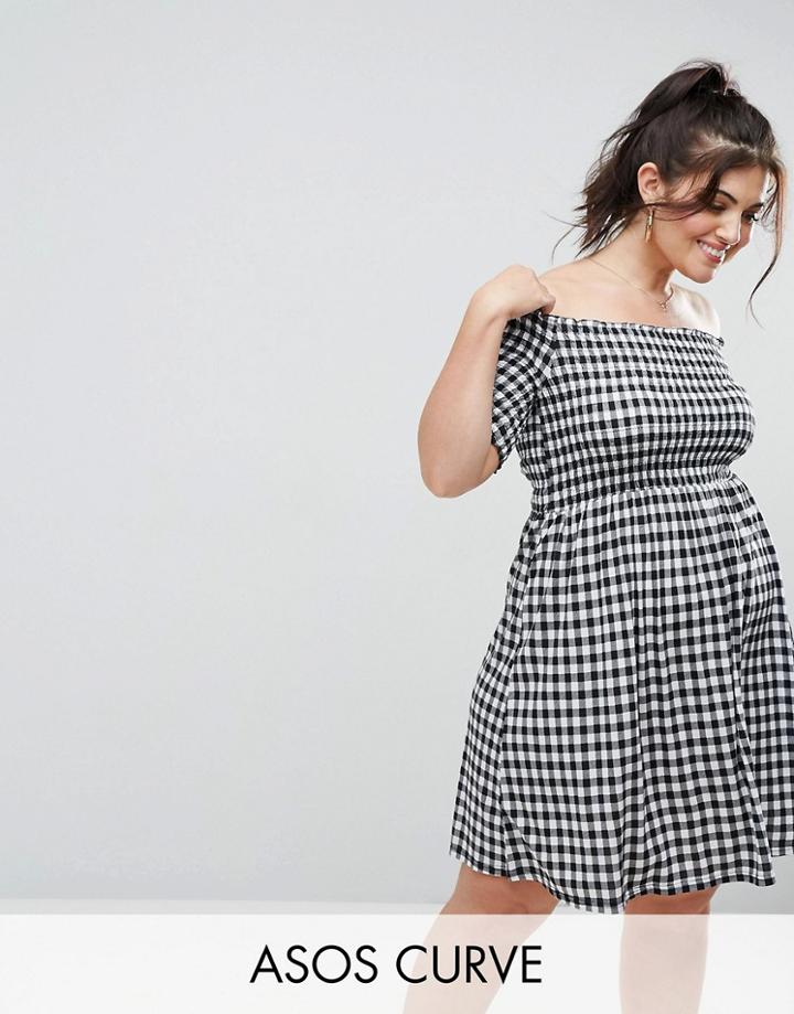 Asos Curve Off Shoulder Sundress With Shirring In Gingham - Multi