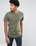 Only & Sons Longline T-shirt With Raw Hem And Scoop Neck - Green