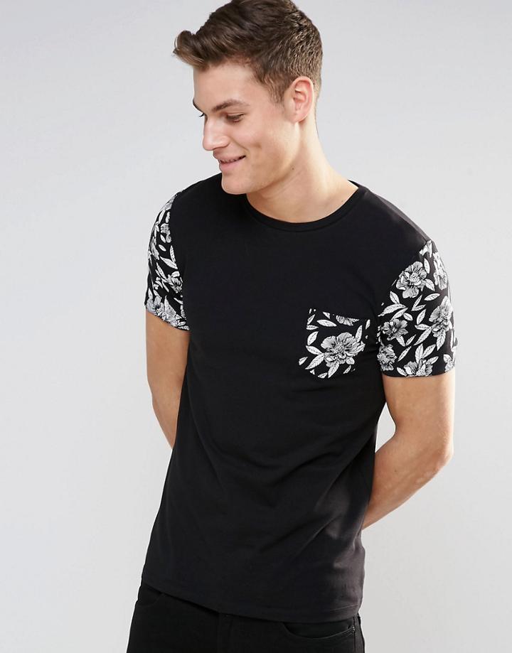 Asos Muscle T-shirt In Monochrome Floral Print Sleeves And Pocket - Bl
