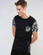 Asos Muscle T-shirt In Monochrome Floral Print Sleeves And Pocket - Bl