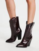 Asos Design Ranch Leather Mid-calf Heeled Western Boots In Burgundy-red