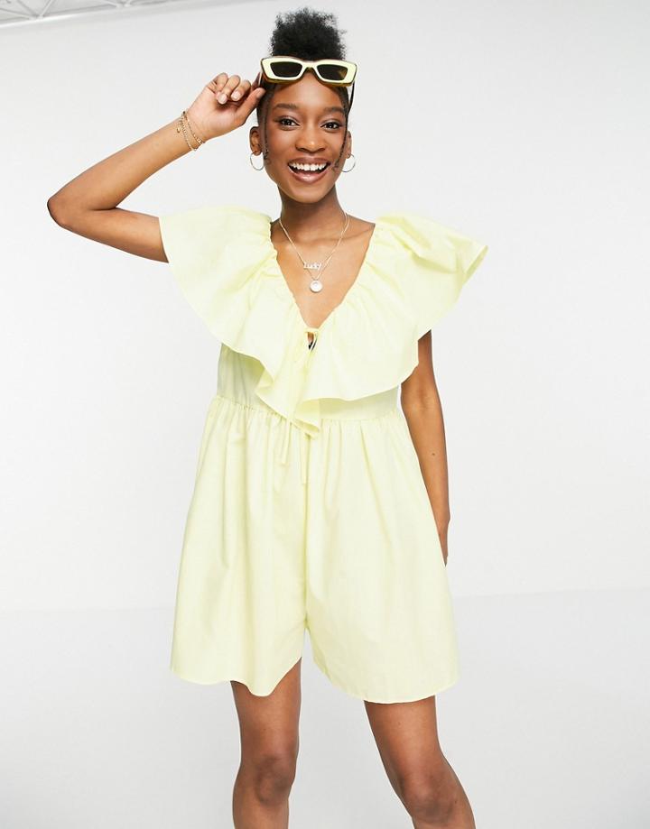 Asos Design Cotton Poplin Ruffle Romper In Yellow