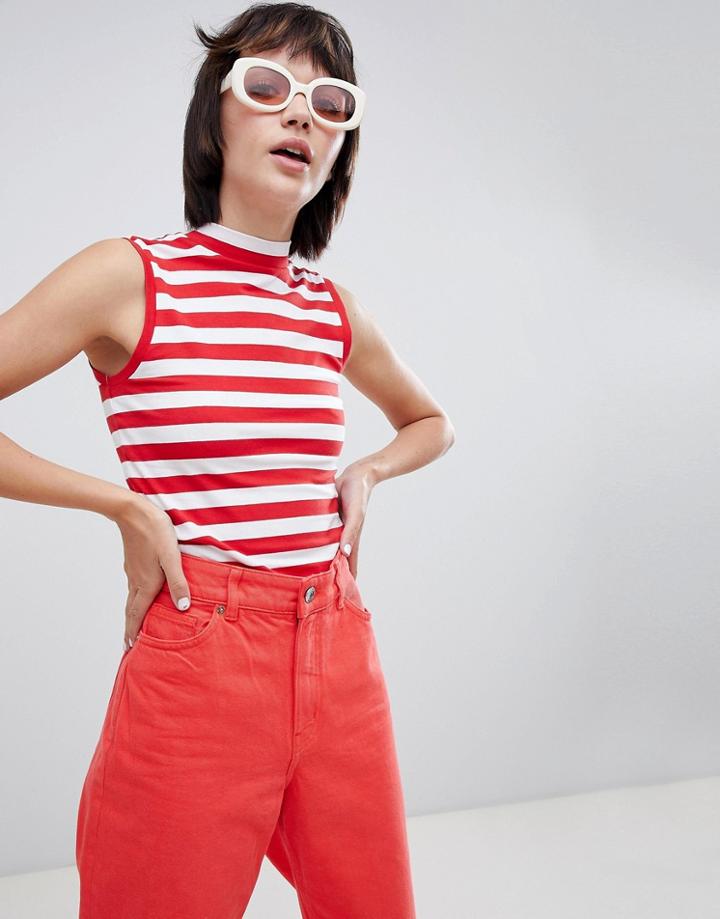 Monki Jersey Stripe Sleeveless High Crop Top - Red