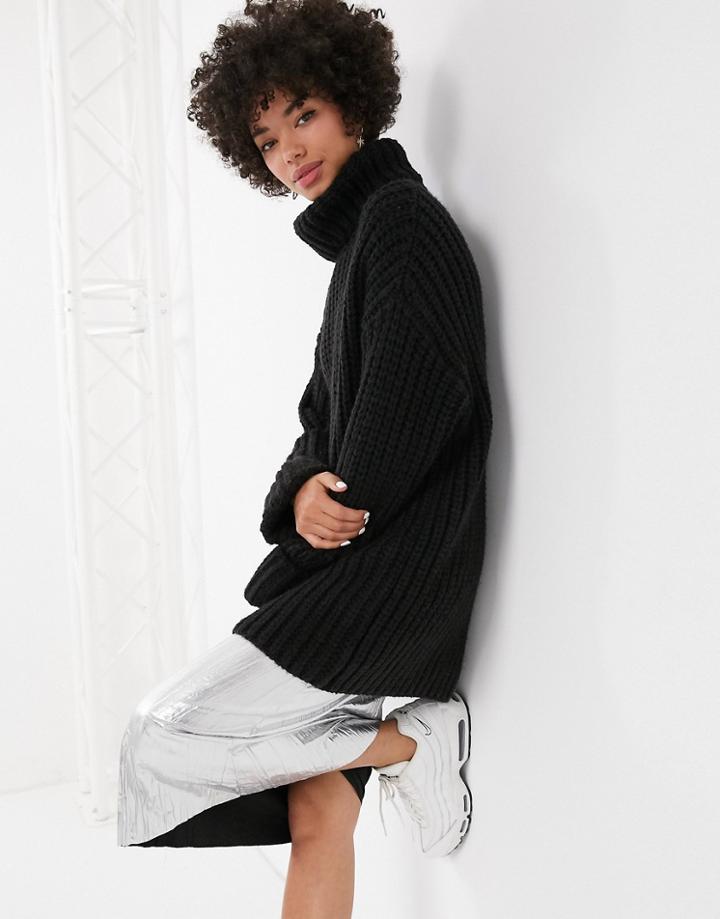 Monki Ribbed Roll Neck Sweater In Black