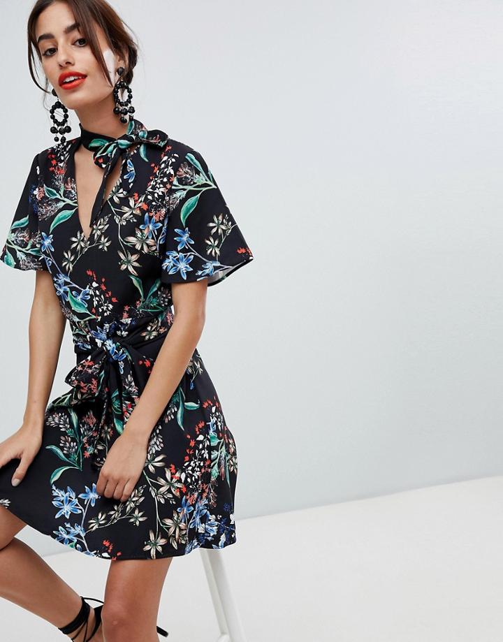 Stylestalker Avalon Floral Print A-line Mini Dress-black