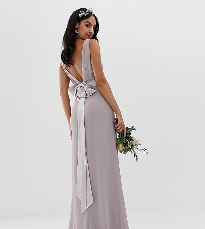 Tfnc Sateen Bow Back Maxi Bridesmaid Dress In Gray