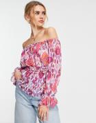 River Island Shirred Waist Off The Shoulder Top In Pink