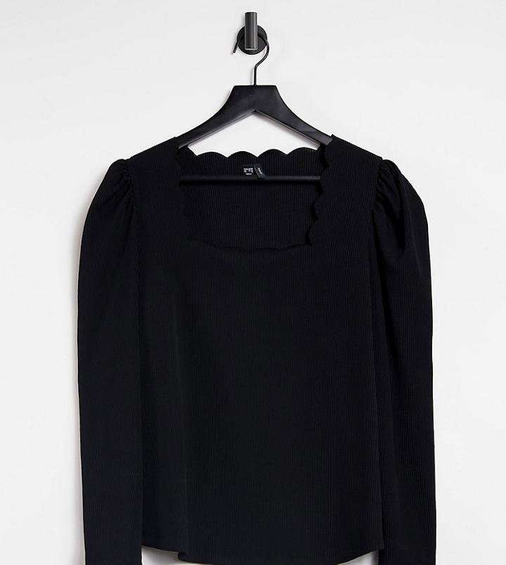 Vero Moda Curve Long Sleeve Top With Scallop Hem Neckline In Black