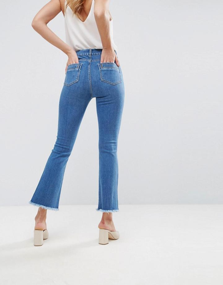 Asos Crop Flare Jeans In Mid Wash Blue With Raw Hem - Blue