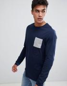 Asos Design Long Sleeve T-shirt With Contrast Pocket In Navy - Navy