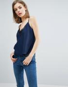Asos Cami With Lace Plunge & Tie Back - Navy