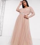 Asos Design Curve Lace Sleeve Tulle Maxi Dress With Embellished Trim In Dusty Pink