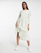 Glamorous Long Sleeve Midi Smock Dress In Green Daisy