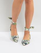 New Look Palm Print Lace Up Pointed Flat Shoes - Cream