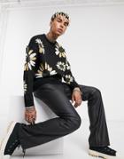 Asos Design Knit Oversized Sweater With Floral Design In Black