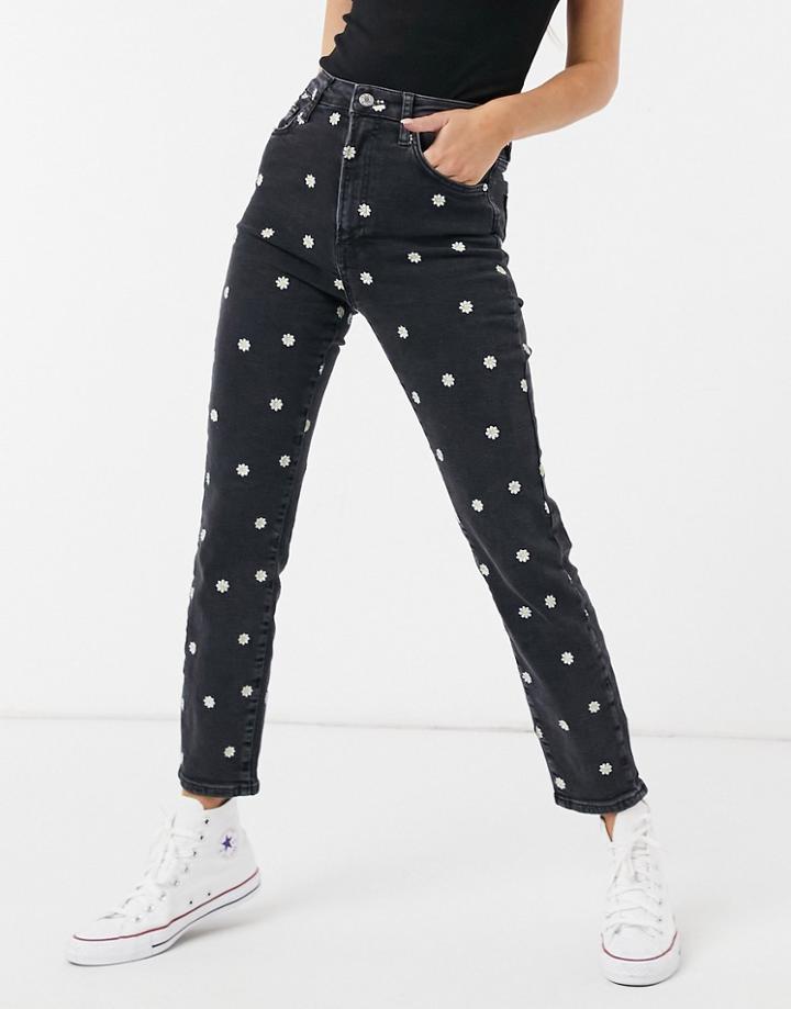 Stradivarius Slim Mom Jean With Floral Embroidery In Black