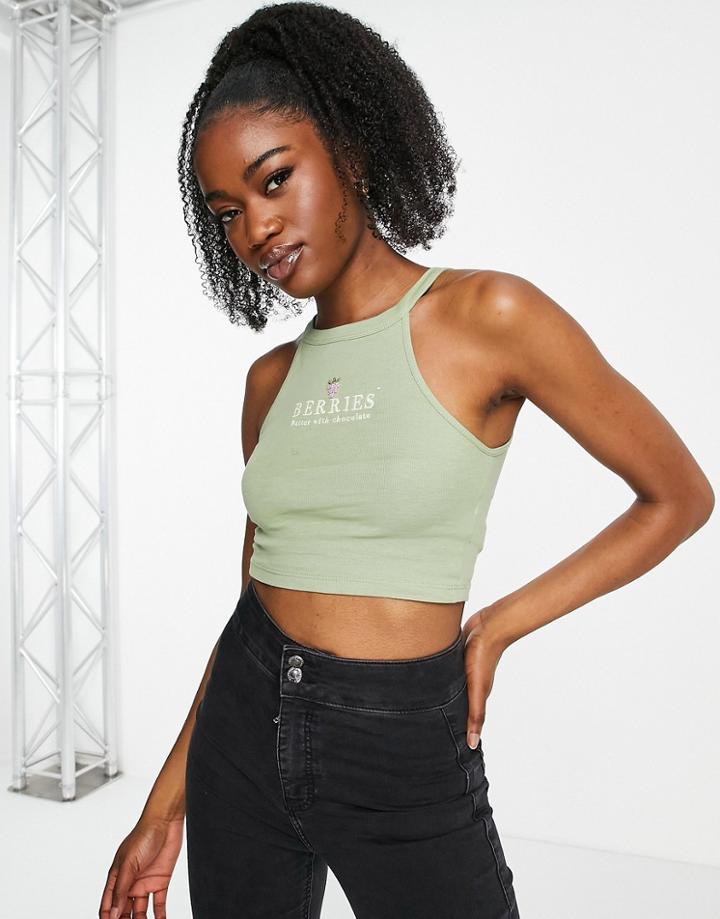 Stradivarius Fruit Beaded 90s Tank Top In Khaki-green